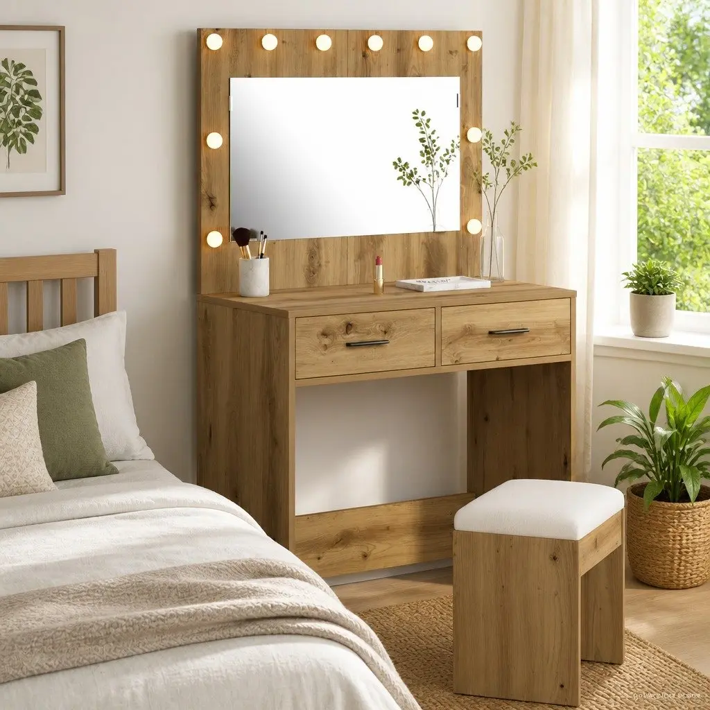Dressing Table Vanity Mirror LED Lights Storage Drawers Brown