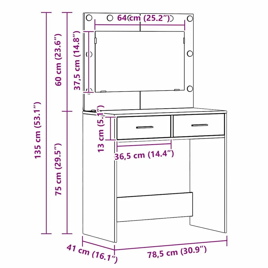Dressing Table Vanity Mirror LED Lights Storage Drawers Brown