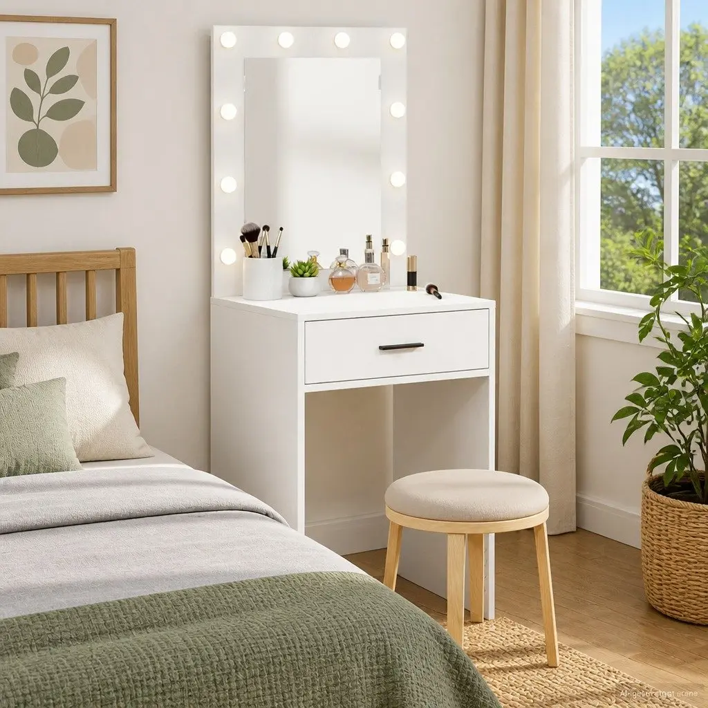 Dressing Table White Bedroom Vanity Unit Mirror Drawers LED Lights Storage