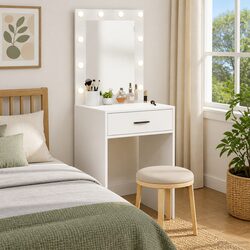 Warm White Dressing Table with Mirror and Storage