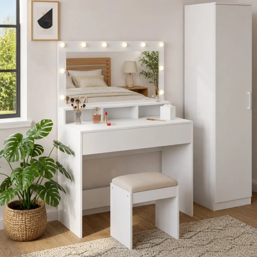Dressing Table White Bedroom Vanity Integrated Mirror LED Lights Storage Shelves Modern