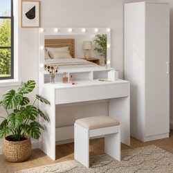 Quality White Dressing Table with LED Lights and Storage