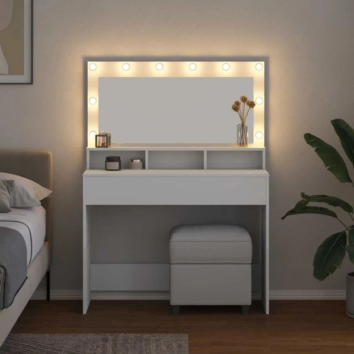 Dressing Table White Bedroom Vanity Integrated Mirror LED Lights Storage Shelves Modern