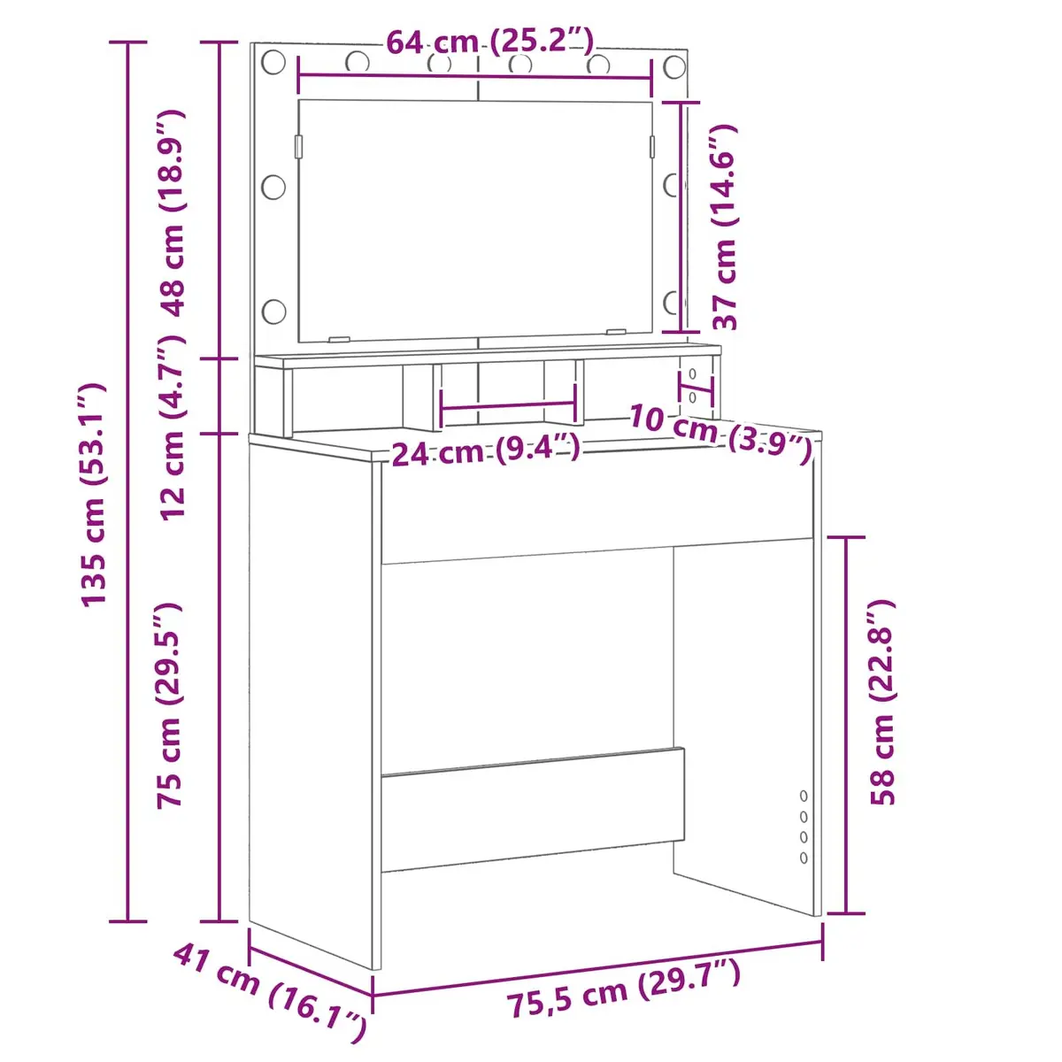 White Dressing Table with Integrated Mirror 78.5 x 41 x 135 cm