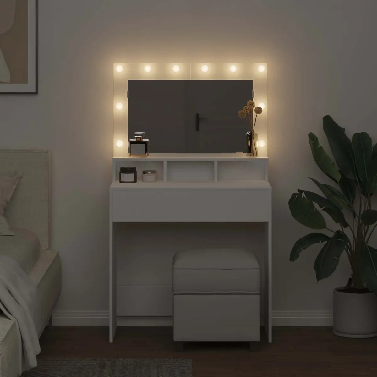 White Dressing Table with Integrated Mirror 78.5 x 41 x 135 cm