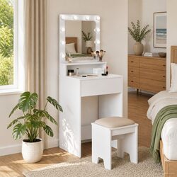 Affordable White Dressing Table with LED Lighting and Storage