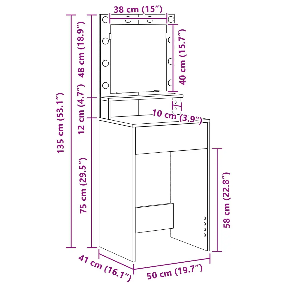Dressing Table White Bedroom Vanity LED Mirror Storage Engineered Wood
