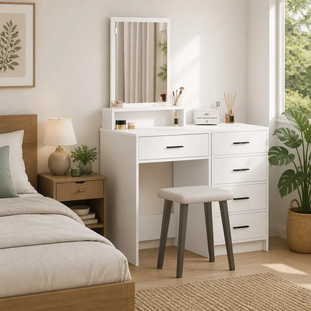 Dressing Table Bedroom Vanity Unit with Mirror and Drawers White 50 x 41 x 140 cm