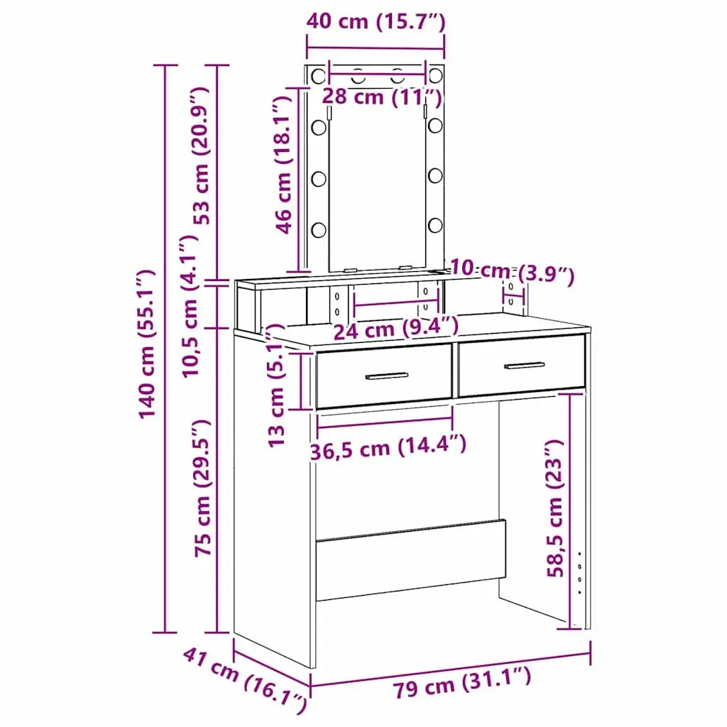 Dressing Table White Bedroom Vanity Unit with Mirror LED Lights and Drawers Storage