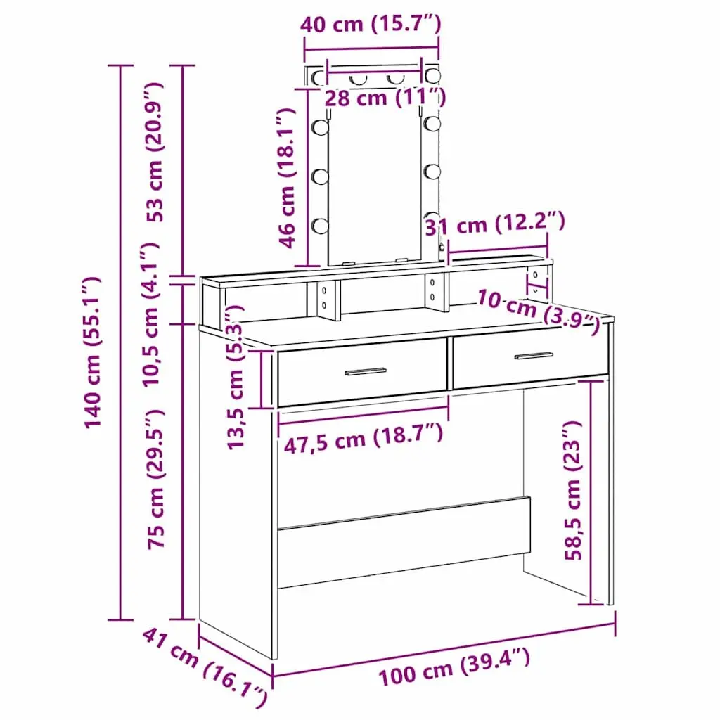 Dressing Table Bedroom Vanity LED Mirror White with Drawers USB Charging Port 100 x 41 x 140 cm