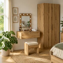 Dressing Table Brown Bedroom Vanity Storage Engineered Wood Modern Minimalist
