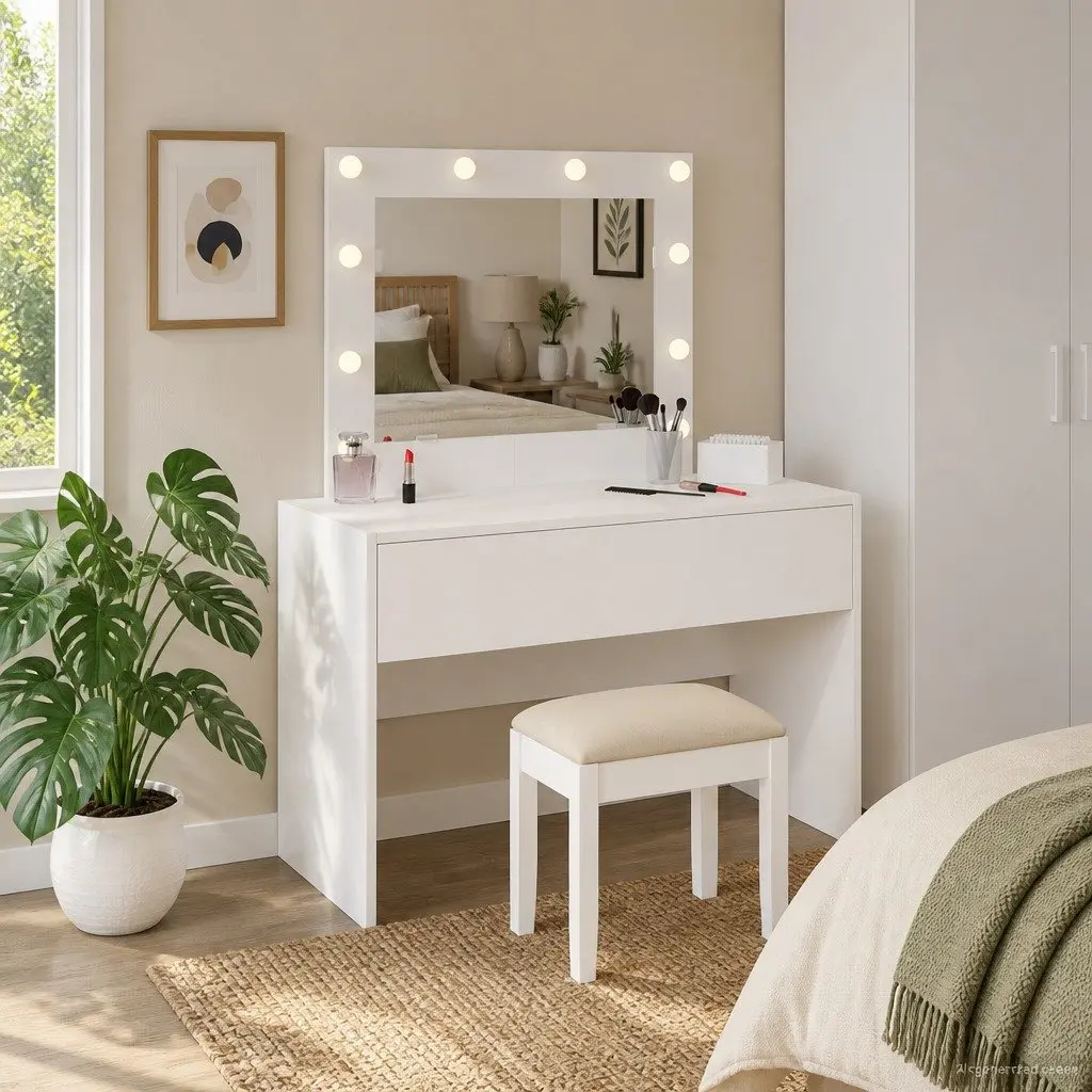 White Vanity Unit with Mirror and Storage Solutions