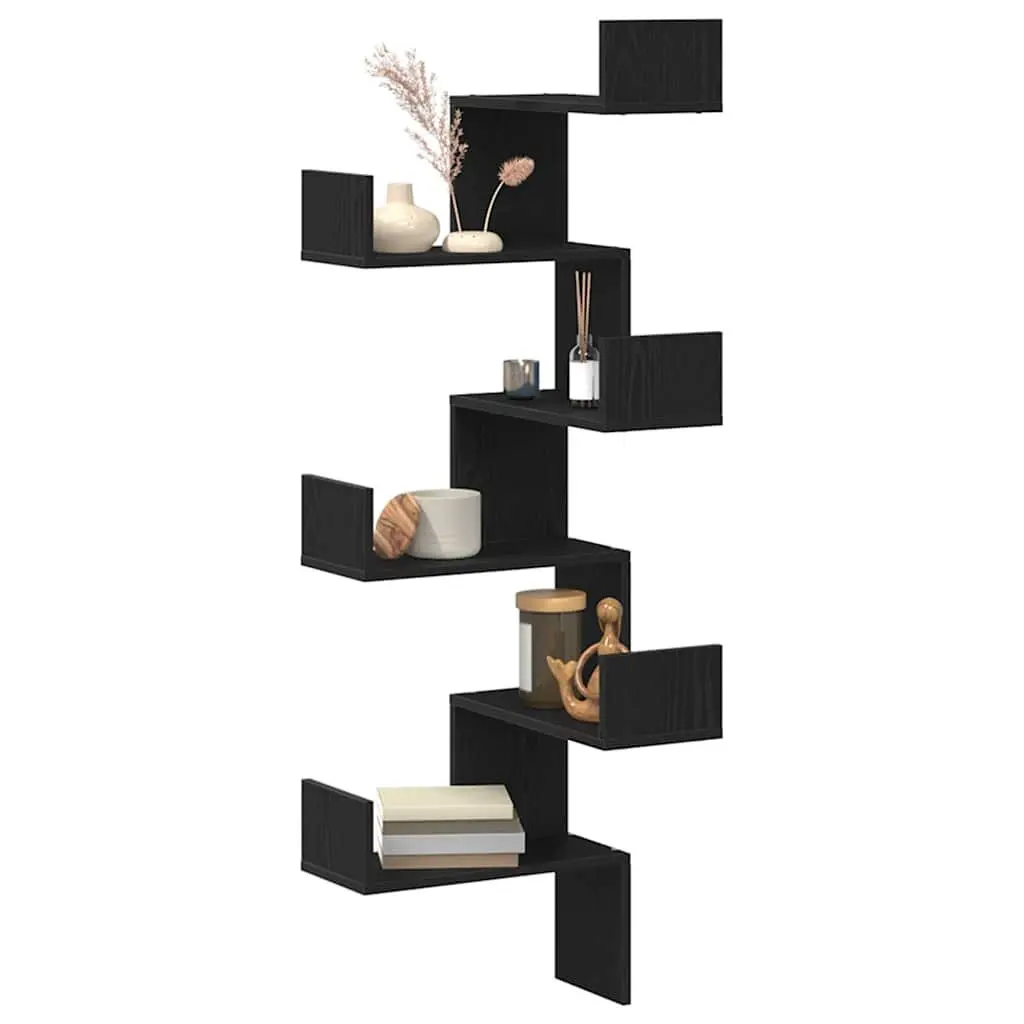 Wall Corner Shelf Black Oak Storage Display Organiser 45 x 45 x 147 cm