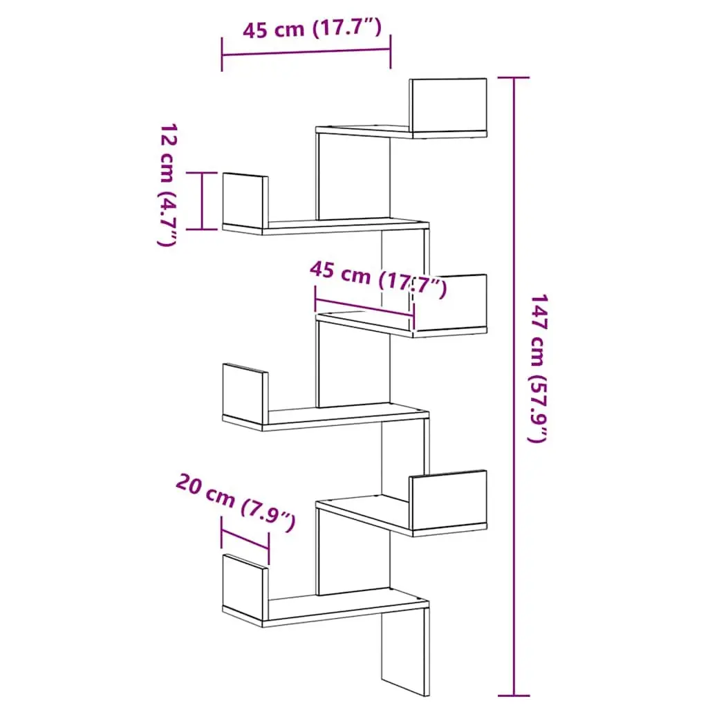 Wall Corner Shelf Black Oak Storage Display Organiser 45 x 45 x 147 cm