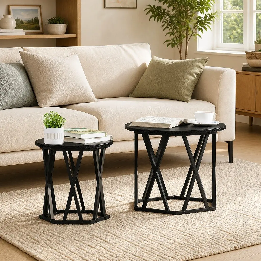 Side Table Round Black Modern Living Room Accent Coffee Table Set of 2