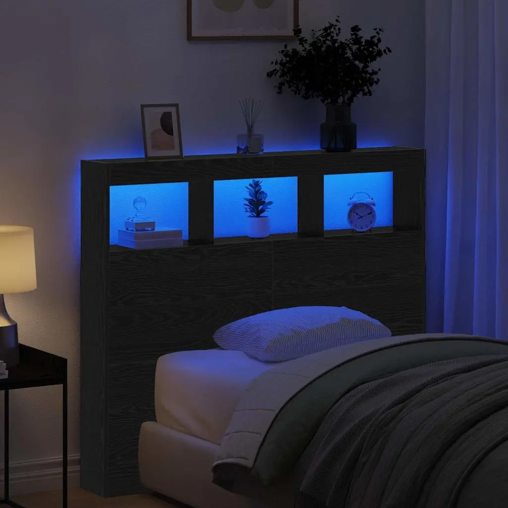 Modern Headboard Black Oak Engineered Wood with LED Light USB 120cm Bedroom