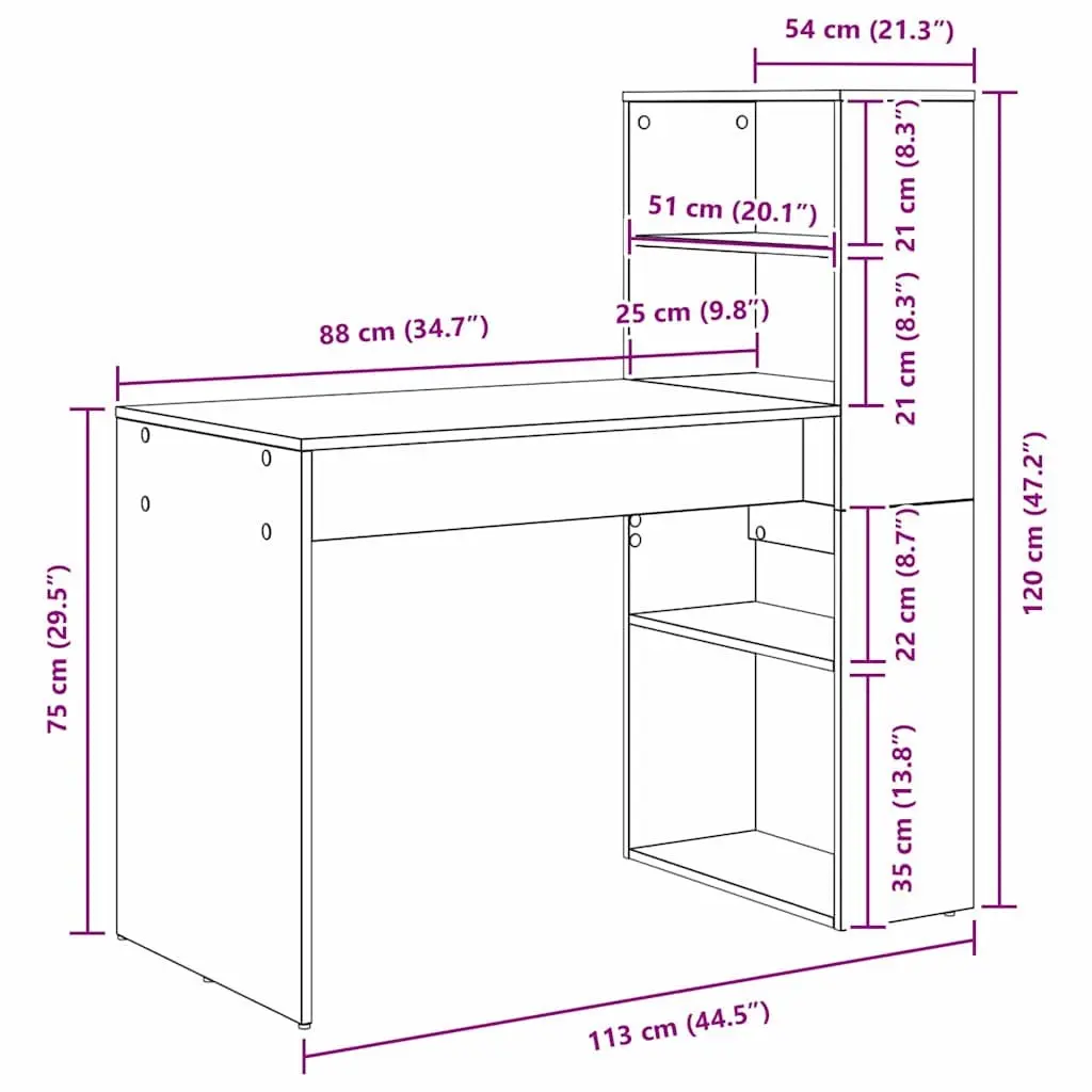 Study Desk White 113x54x120cm Modern Office Workspace with Shelves