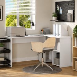 Versatile White Corner Desk with Integrated Shelves