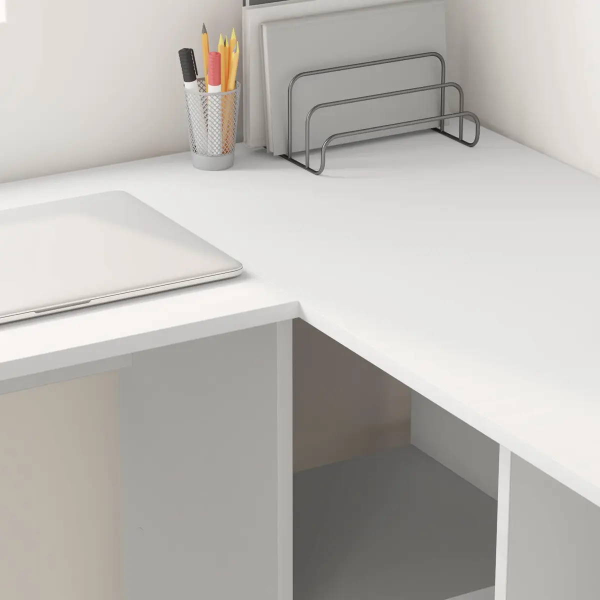 White Corner Desk with Integrated Shelves