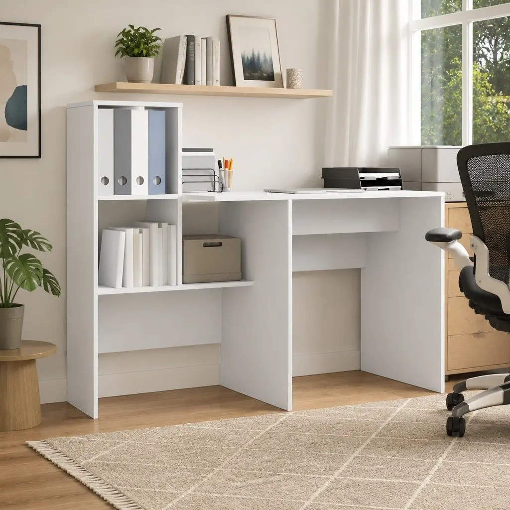 White Engineered Wood Desk with Storage Shelves