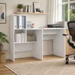 Practical White Engineered Wood Desk with Storage Shelves