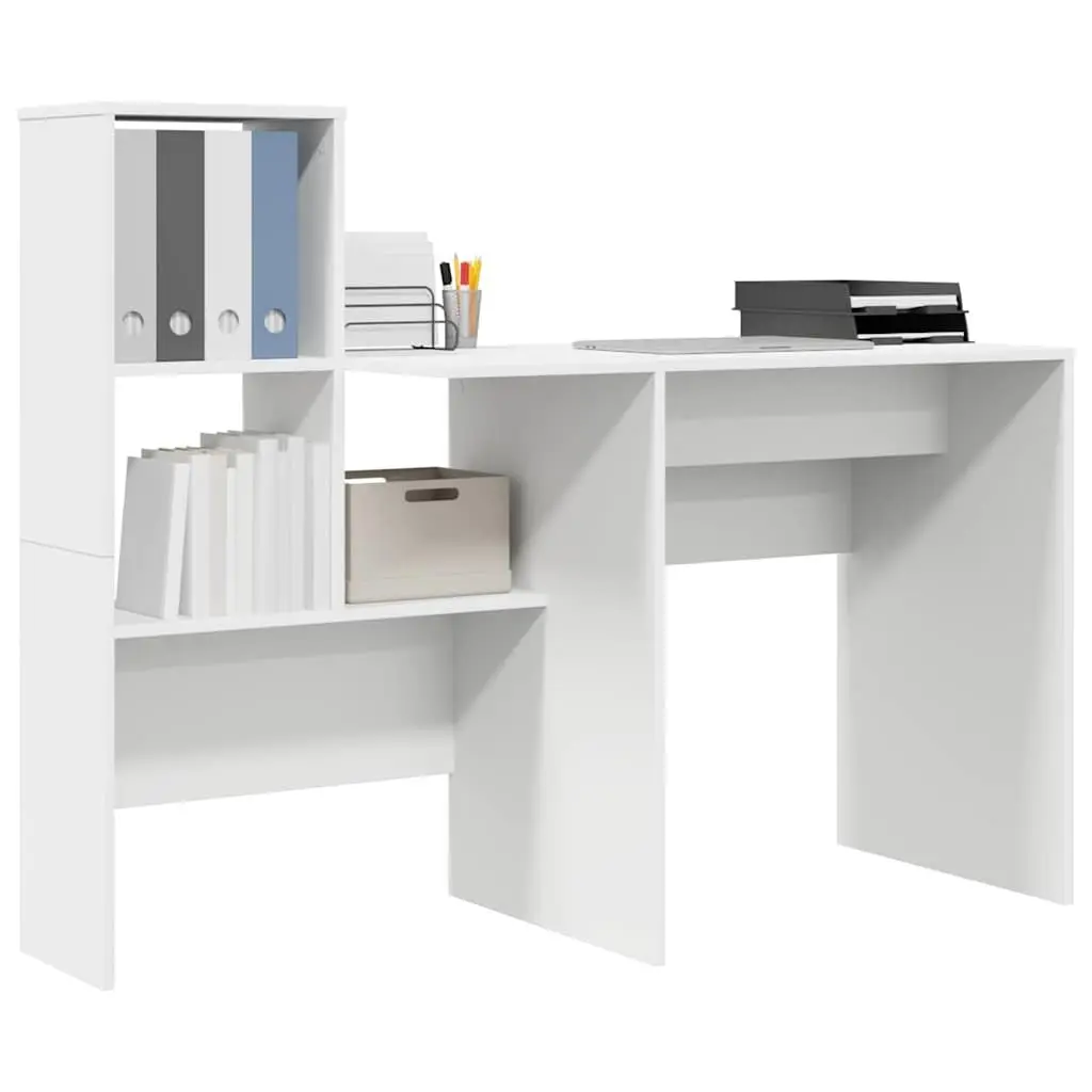 White Engineered Wood Desk with Storage Shelves