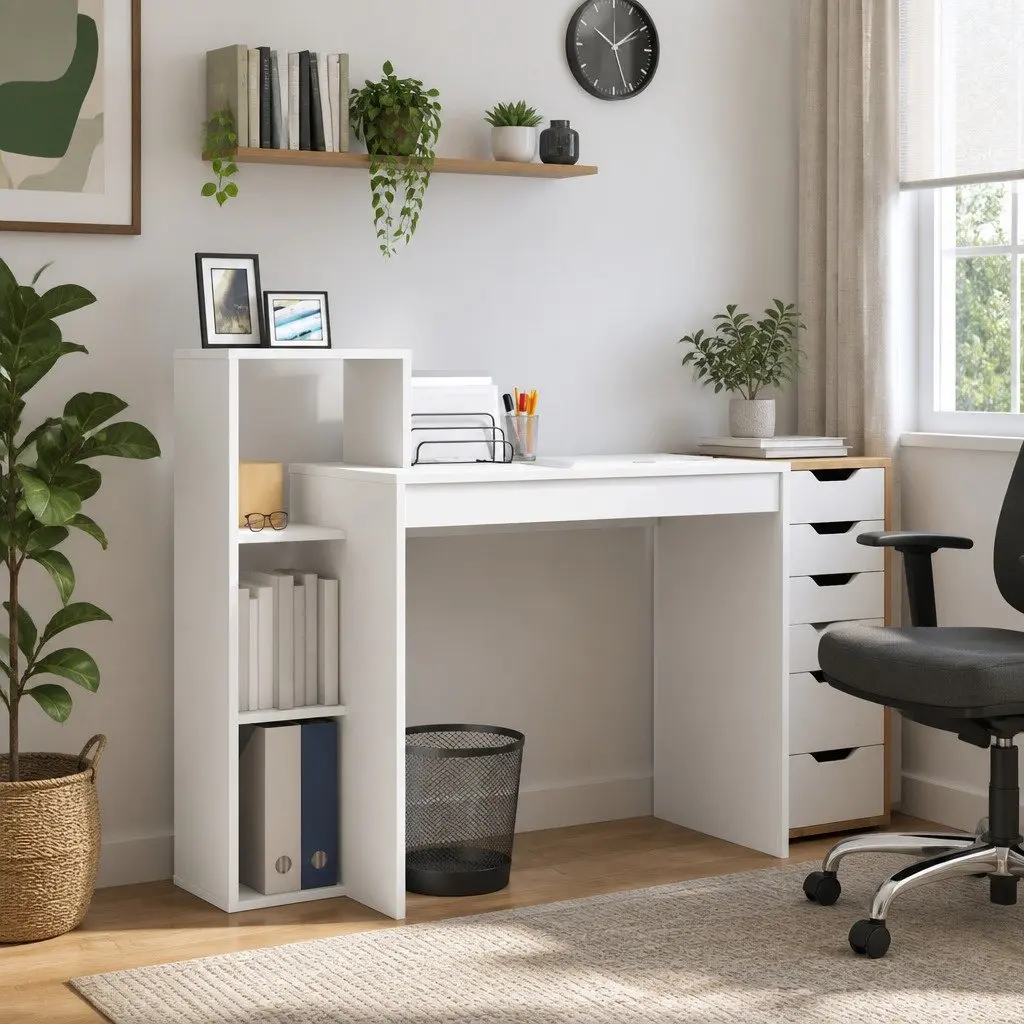 White Desk with Shelf Engineered Wood Computer Office Furniture Study Table