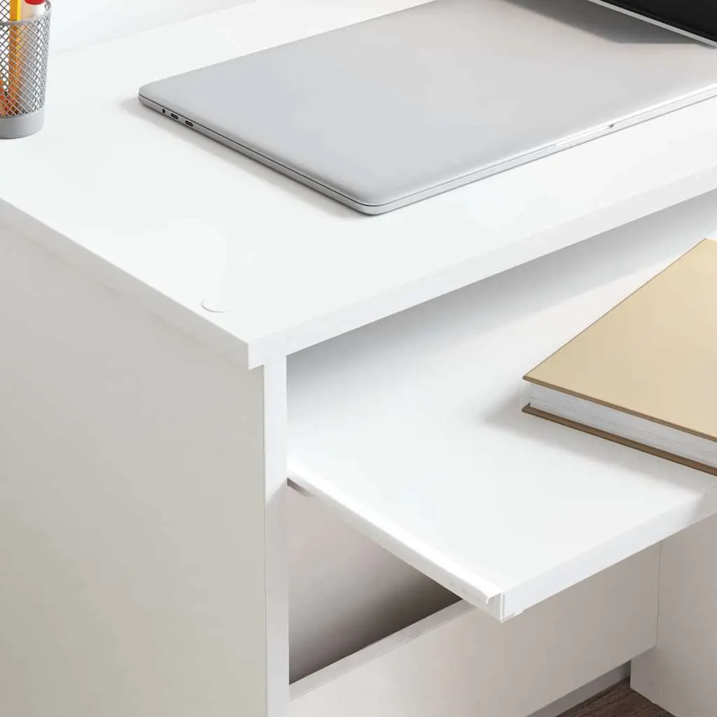 White Desk with Drawer Engineered Wood Rectangular Computer Workstation Storage