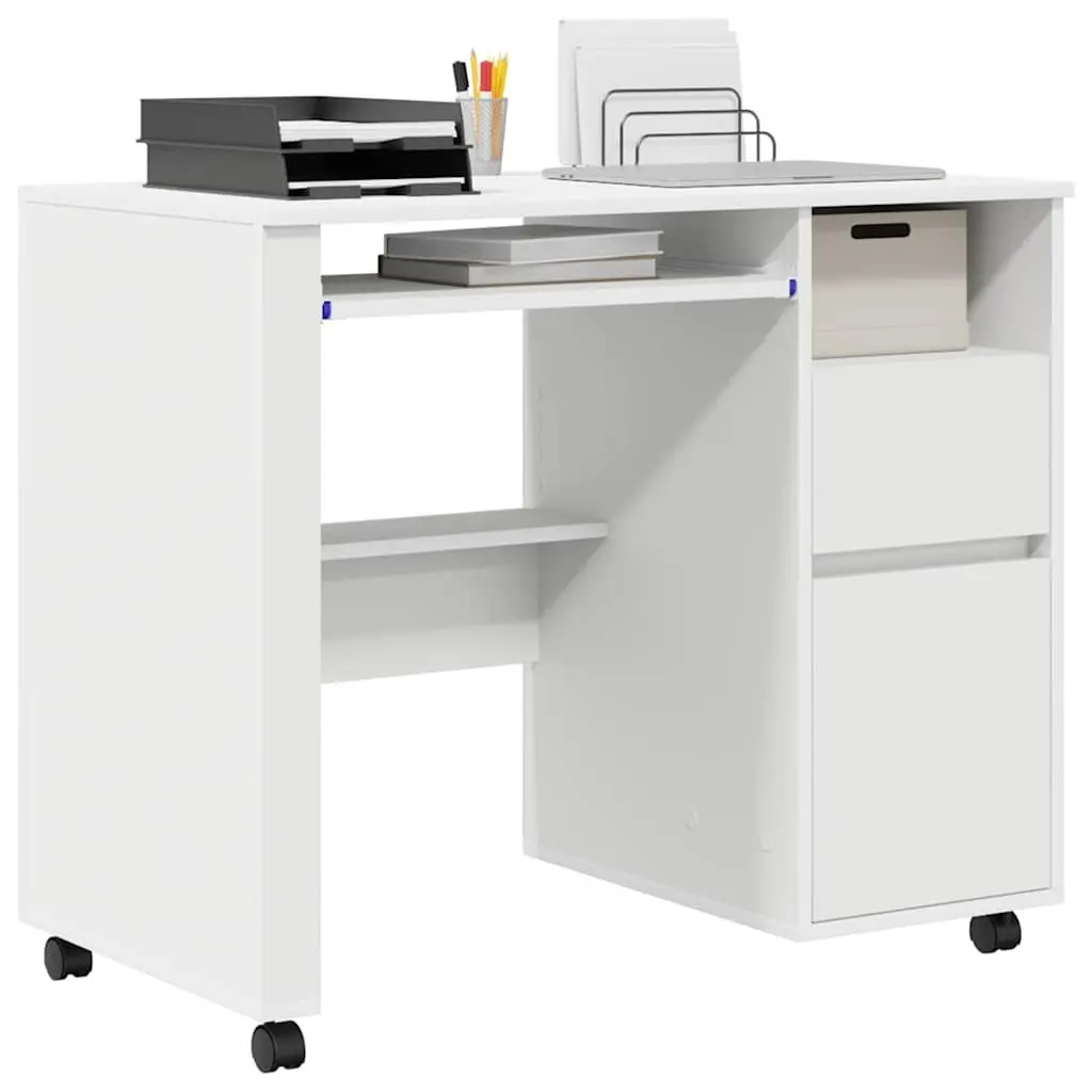 White Computer Desk with Wheels Mobile Office Workstation 91 x 50 x 77 cm
