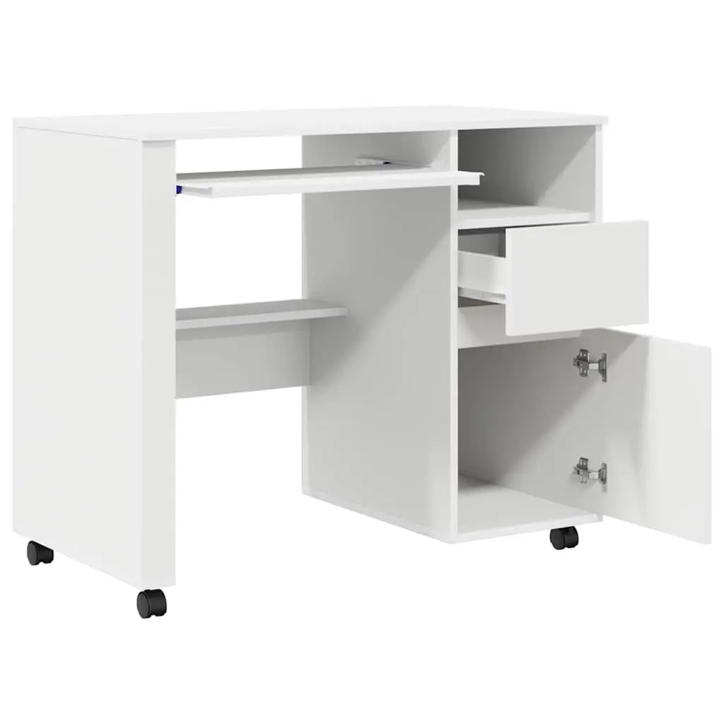 White Computer Desk with Wheels Mobile Office Workstation 91 x 50 x 77 cm