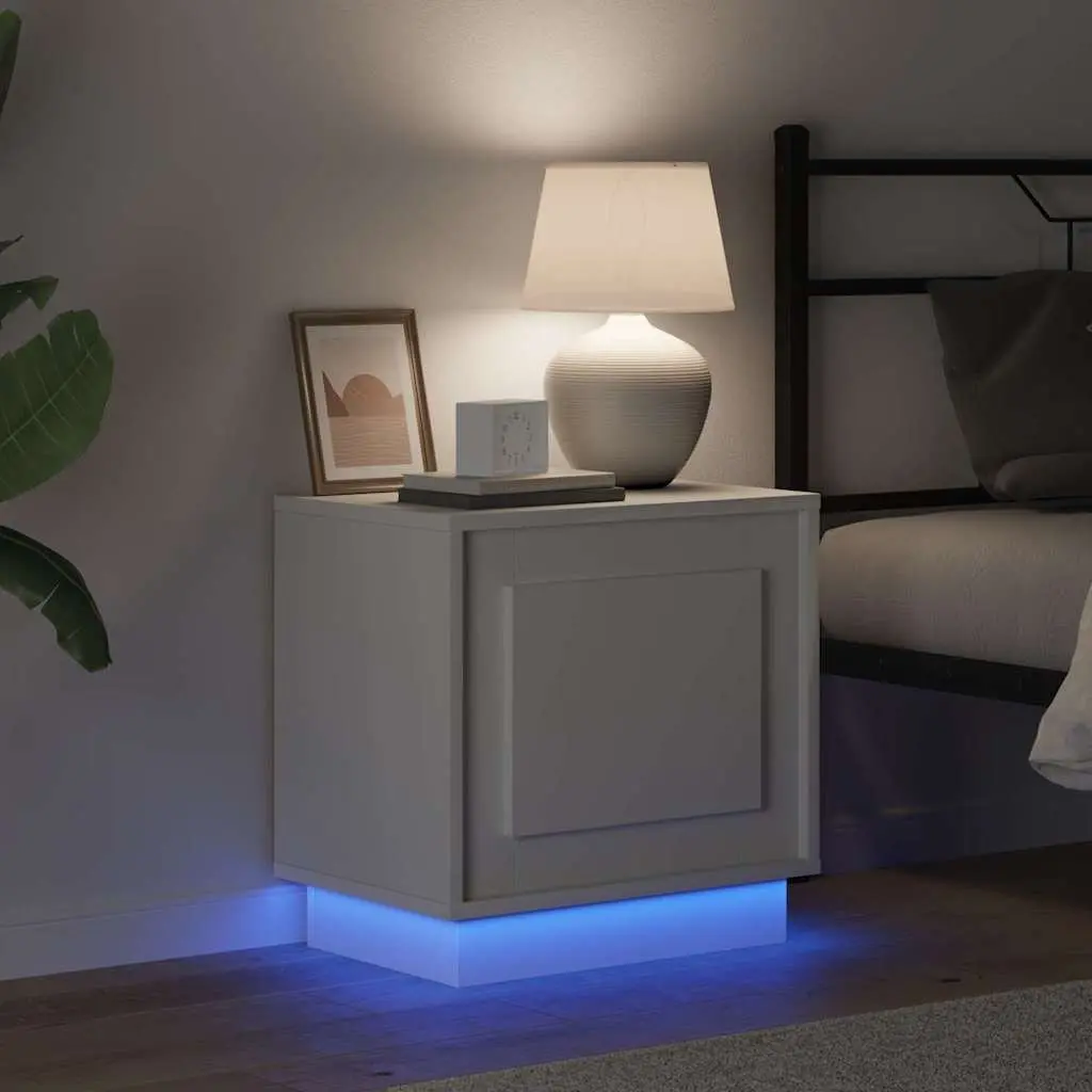 Bedside Cabinet White Modern Rustic Nightstand Table Storage LED USB Charging