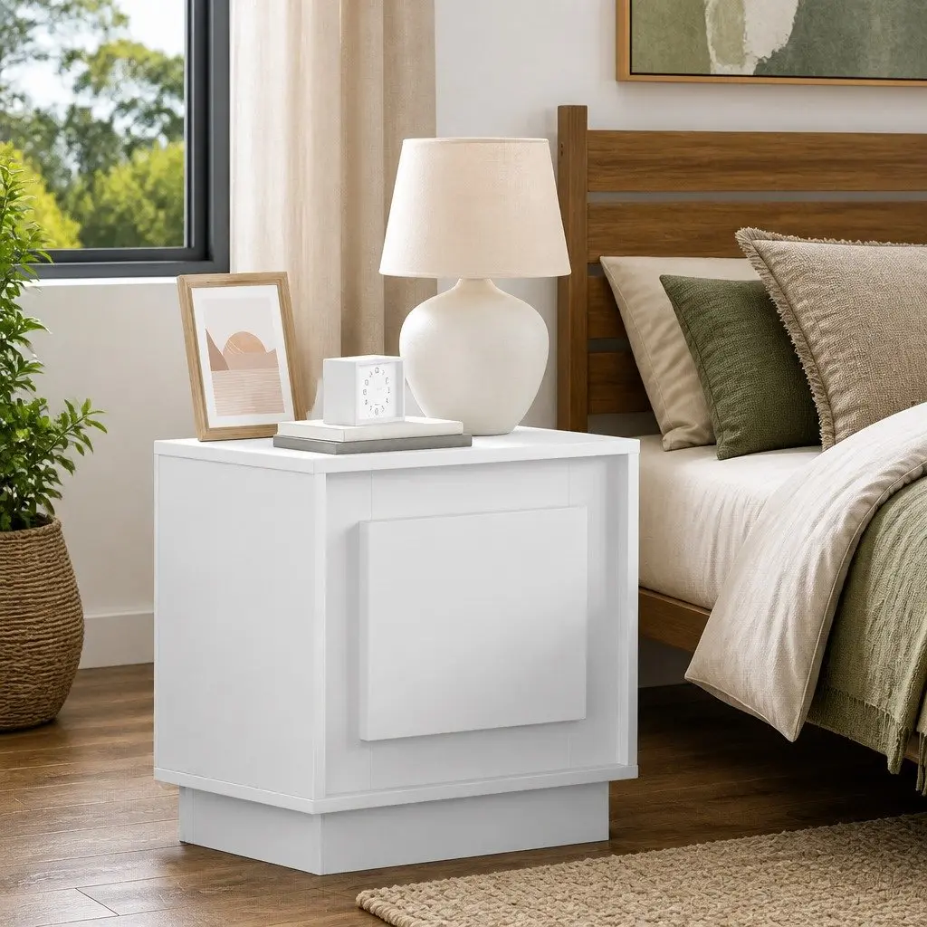 Bedside Table 2 pcs White Engineered Wood Nightstand LED USB Storage