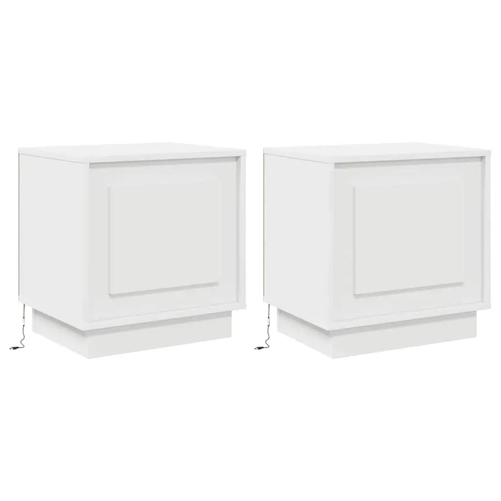 Bedside Table 2 pcs White Engineered Wood Nightstand LED USB Storage