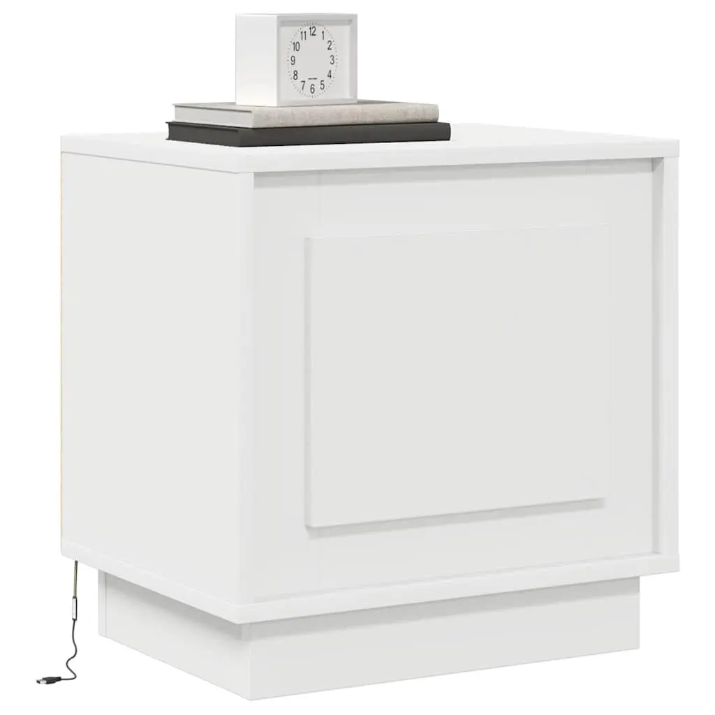 Bedside Table 2 pcs White Engineered Wood Nightstand LED USB Storage