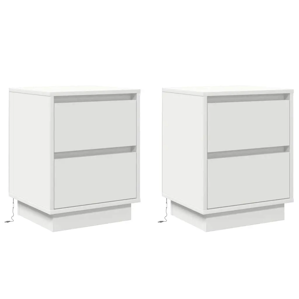 Bedside Cabinet Nightstand Compact Size White 2 Piece with LED String Lights
