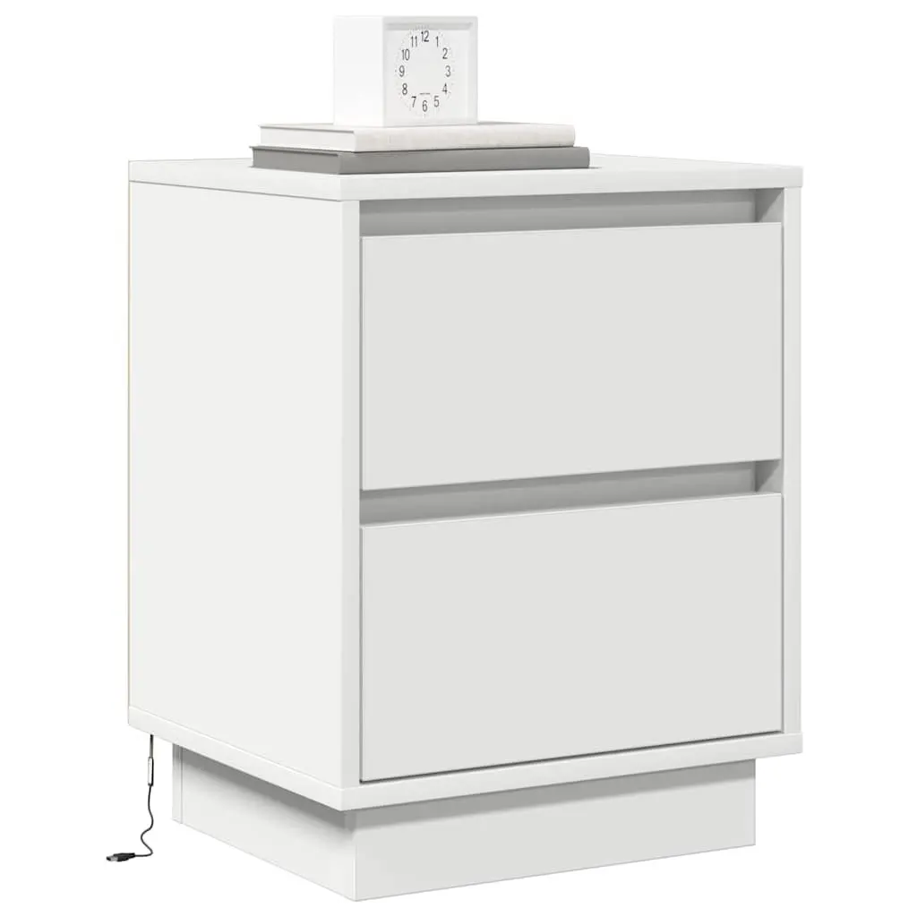 Bedside Cabinet Nightstand Compact Size White 2 Piece with LED String Lights