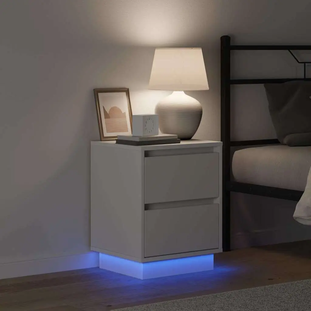 Bedside Cabinet Nightstand Compact Size White 2 Piece with LED String Lights