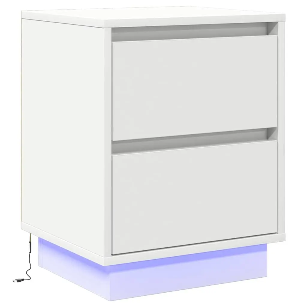 Bedside Cabinet Nightstand Compact Size White 2 Piece with LED String Lights