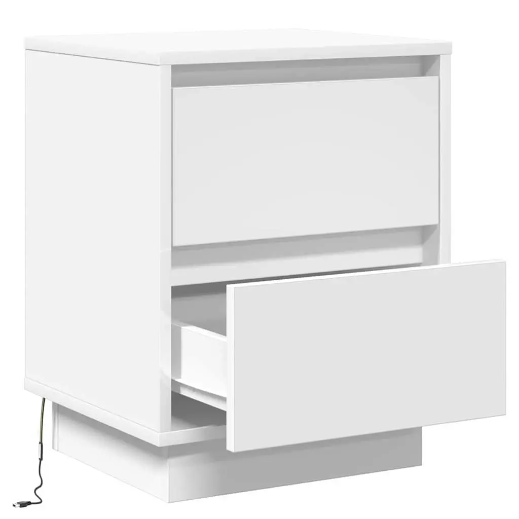 Bedside Cabinet Nightstand Compact Size White 2 Piece with LED String Lights