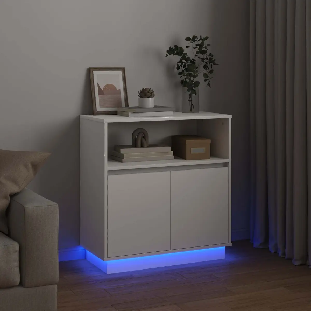 LED Sideboard White Modern Storage Cabinet Engineered Wood Hinged Doors