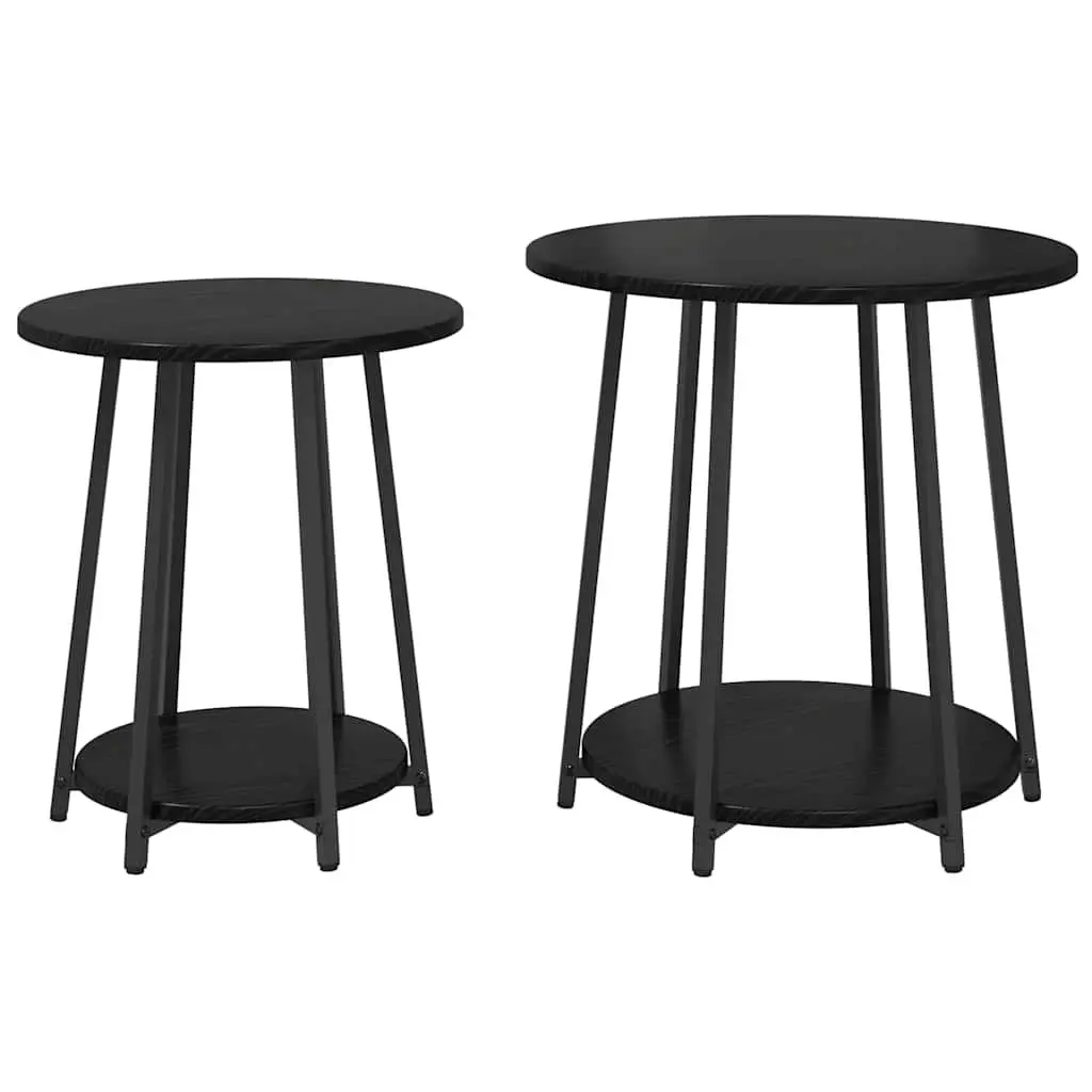 Side Table Set with Shelf 2 Pieces Black Modern Industrial Round Accent End