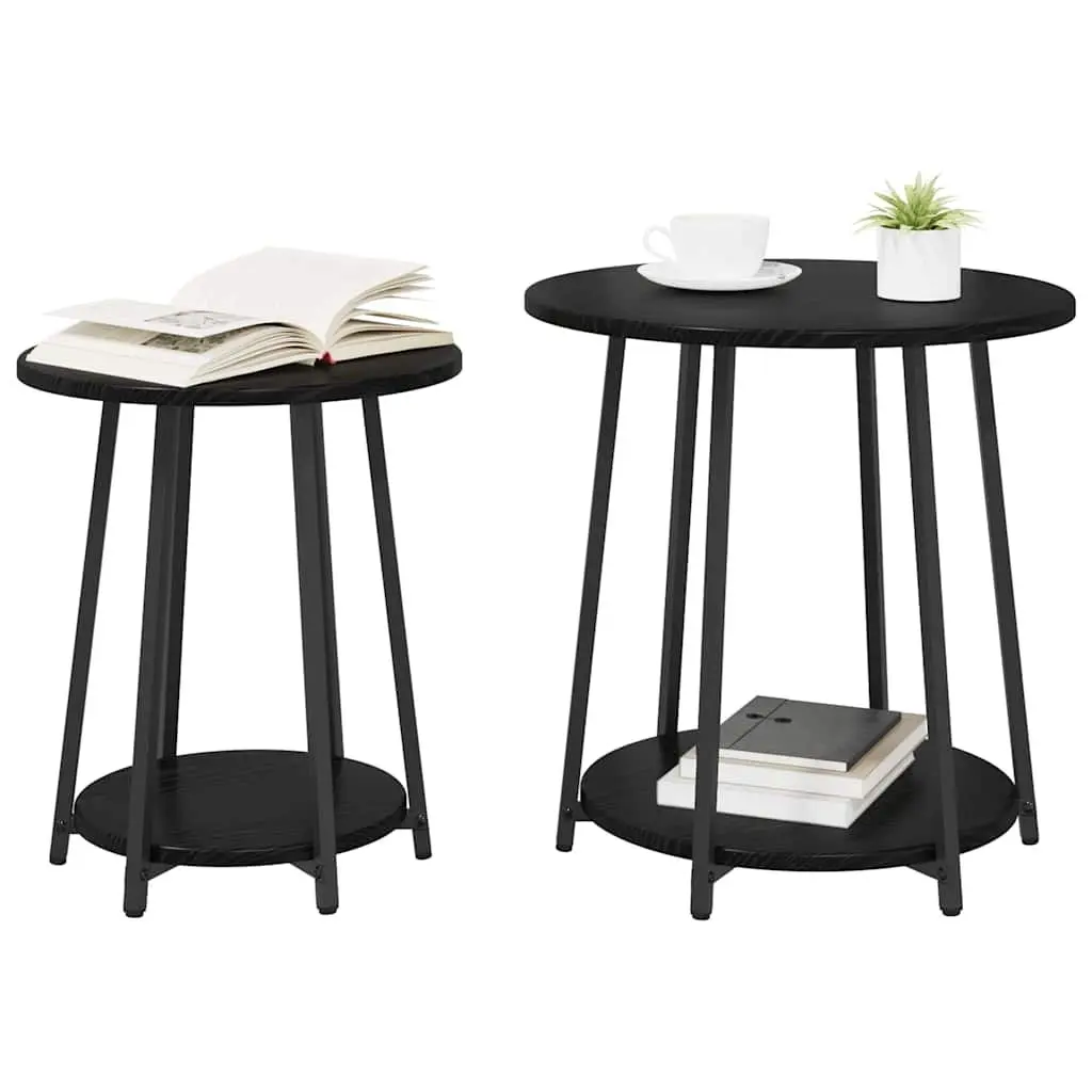 Side Table Set with Shelf 2 Pieces Black Modern Industrial Round Accent End