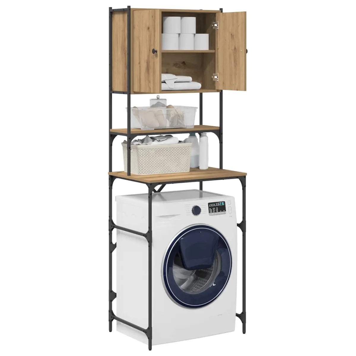 Washing Machine Cabinet Wooden Storage Indoor Laundry Organizer 68x48.5x194cm Brown