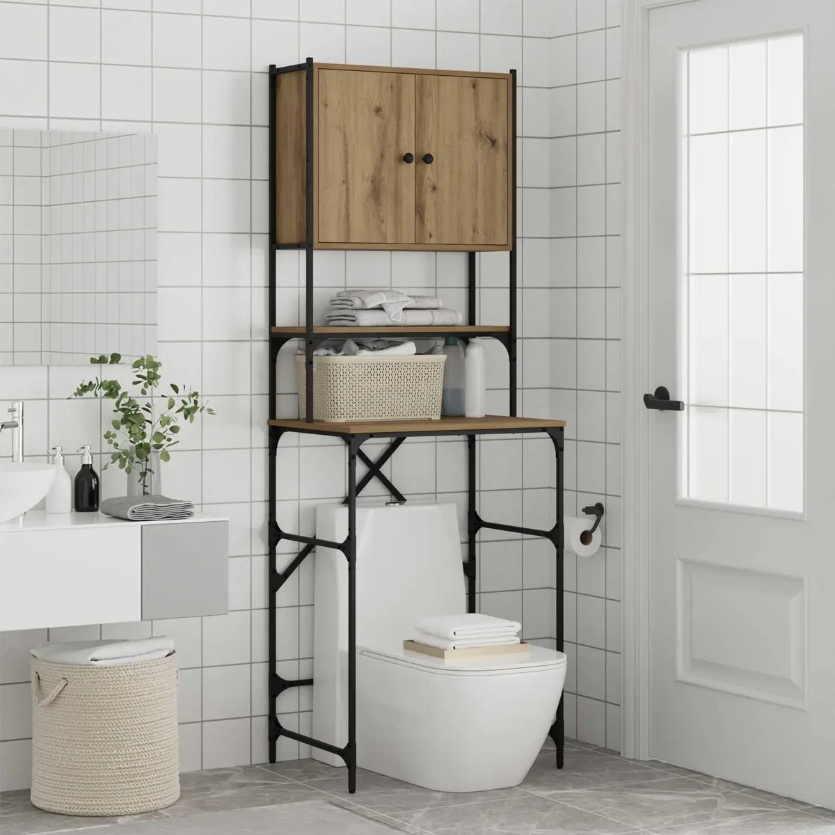 Washing Machine Cabinet Wooden Storage Indoor Laundry Organizer 68x48.5x194cm Brown