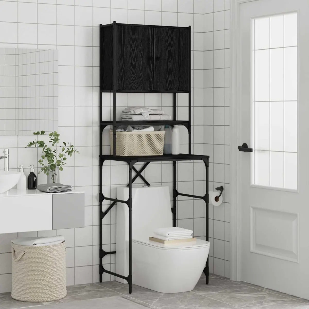 Washing Machine Cabinet Laundry Organizer 68x48.5x194cm Black Oak