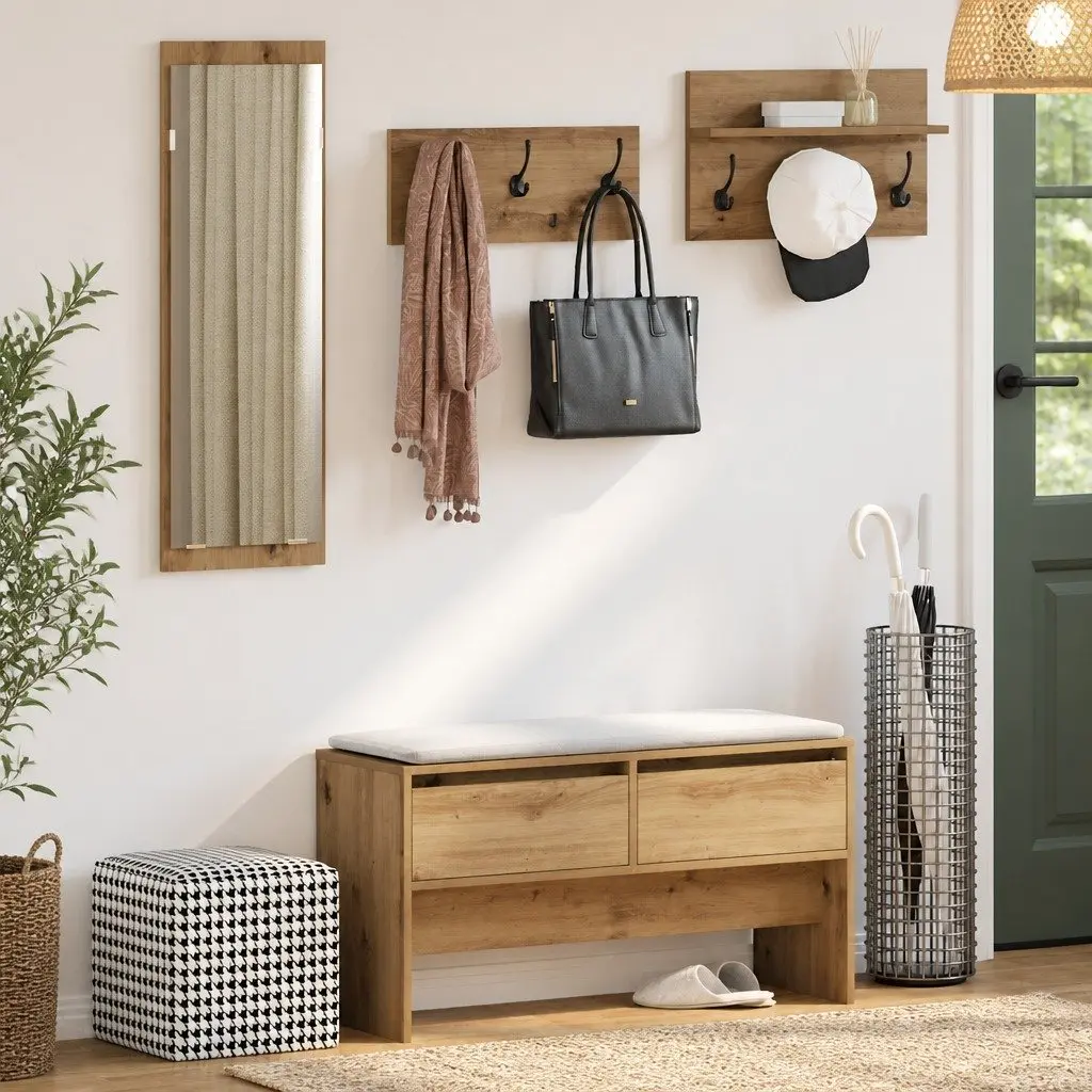 Hallway Furniture Set Storage Bench Mirror Coat Racks Entryway Organiser Brown
