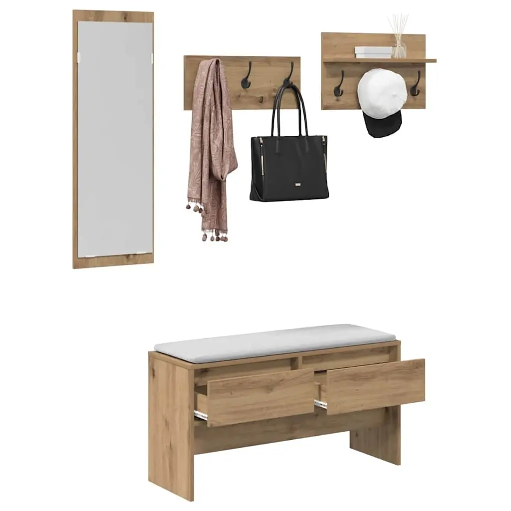 Hallway Furniture Set Storage Bench Mirror Coat Racks Entryway Organiser Brown