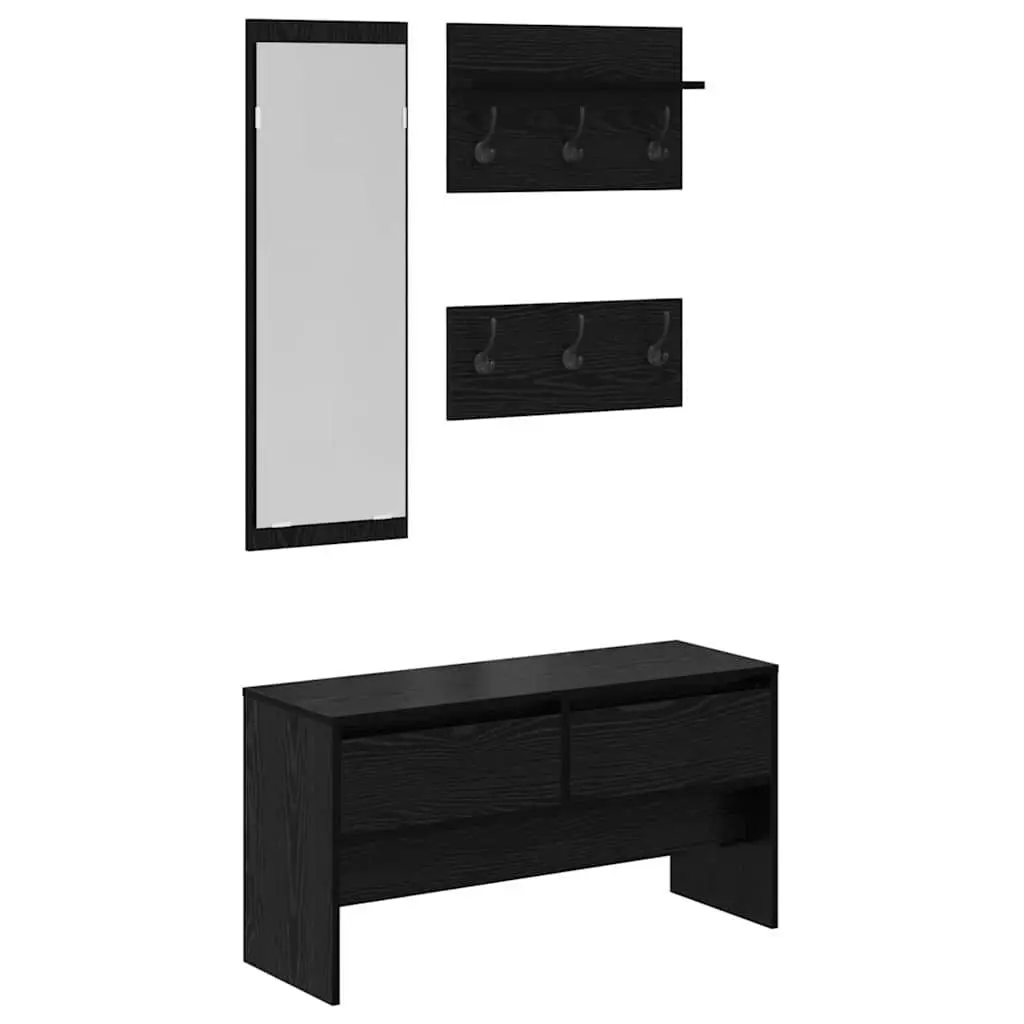 Hallway Furniture Set Storage Bench Mirror Coat Racks 4 Piece Black Oak Entryway