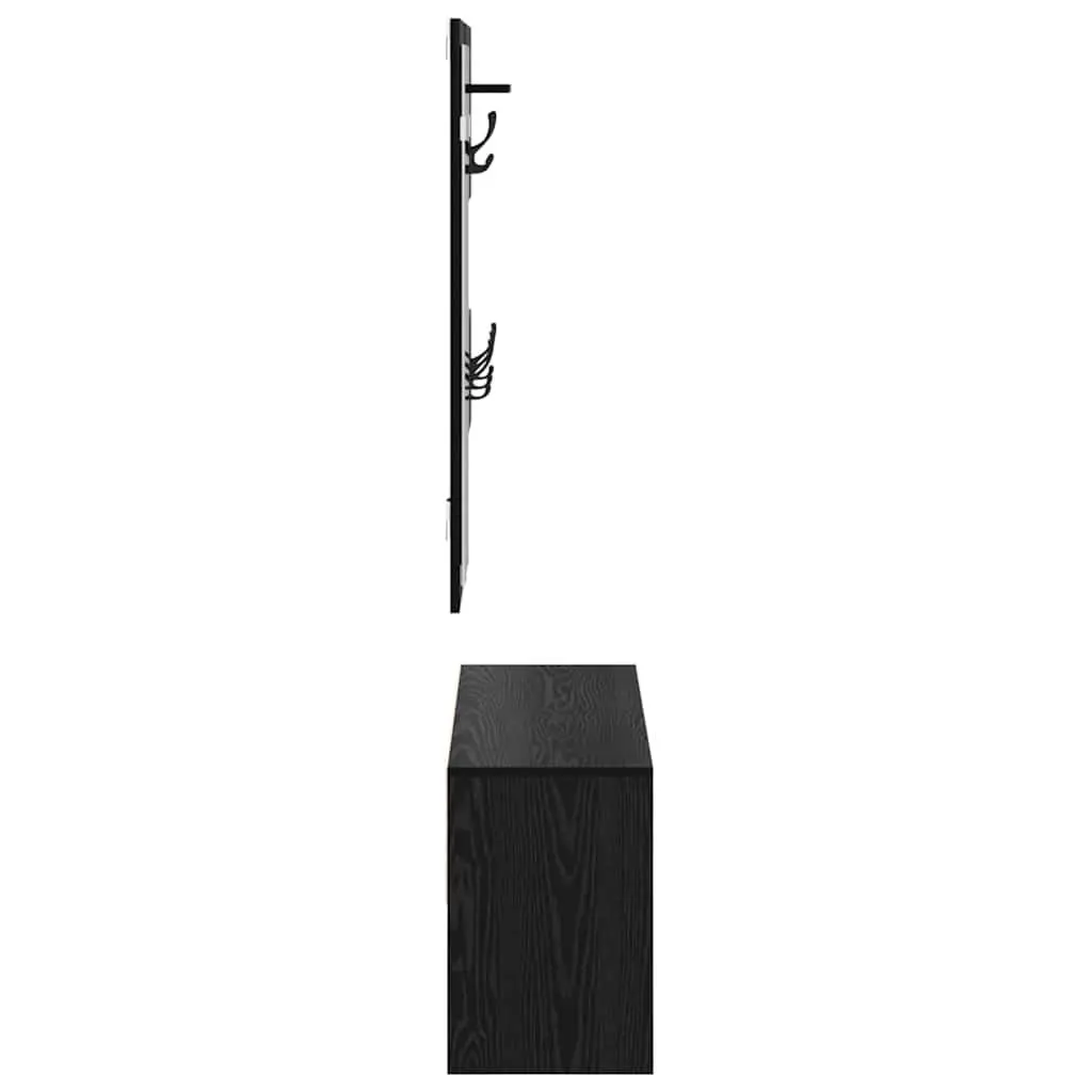 Hallway Furniture Set Storage Bench Mirror Coat Racks 4 Piece Black Oak Entryway