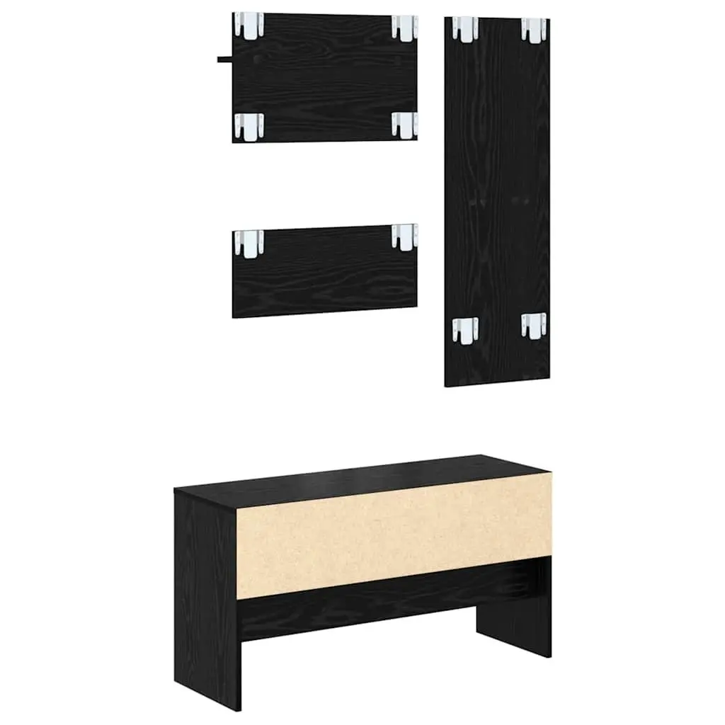 Hallway Furniture Set Storage Bench Mirror Coat Racks 4 Piece Black Oak Entryway